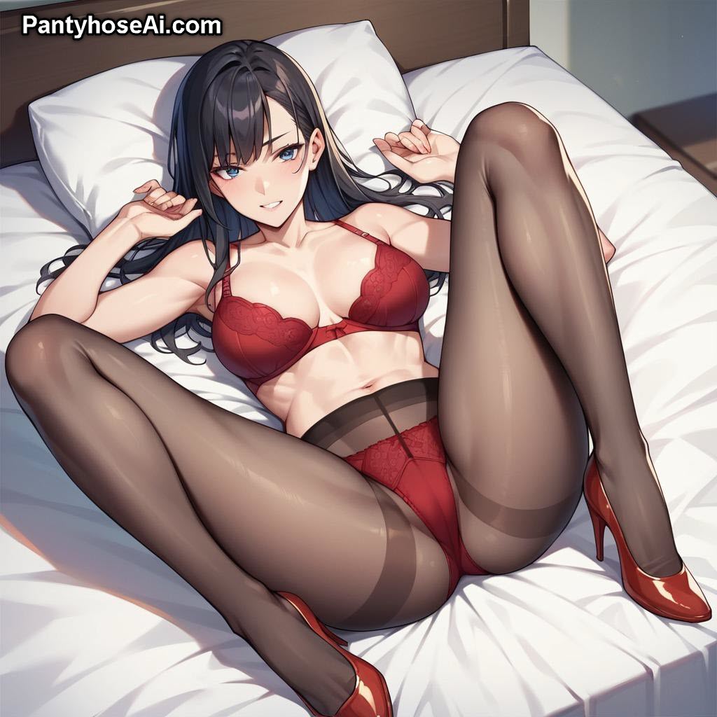AI Anime Girl in Red Lingerie and Black Pantyhose