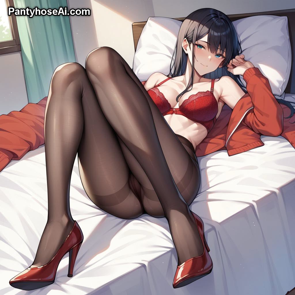 AI Anime Girl in Red Lingerie and Black Pantyhose