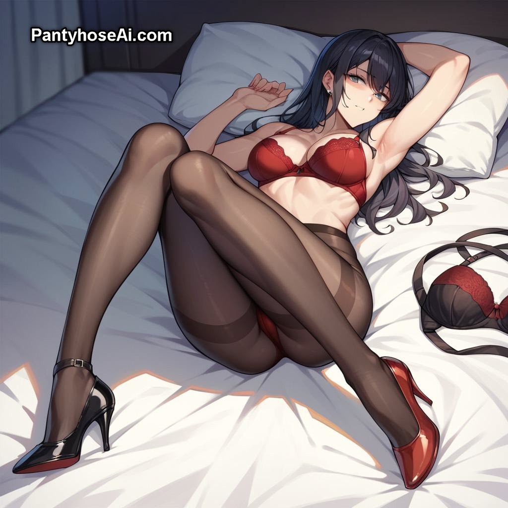 AI Anime Girl in Red Lingerie and Black Pantyhose