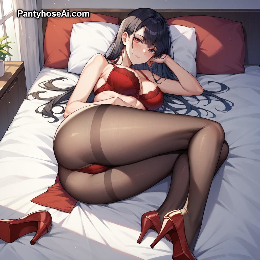 AI Anime Girl in Red Lingerie and Black Pantyhose
