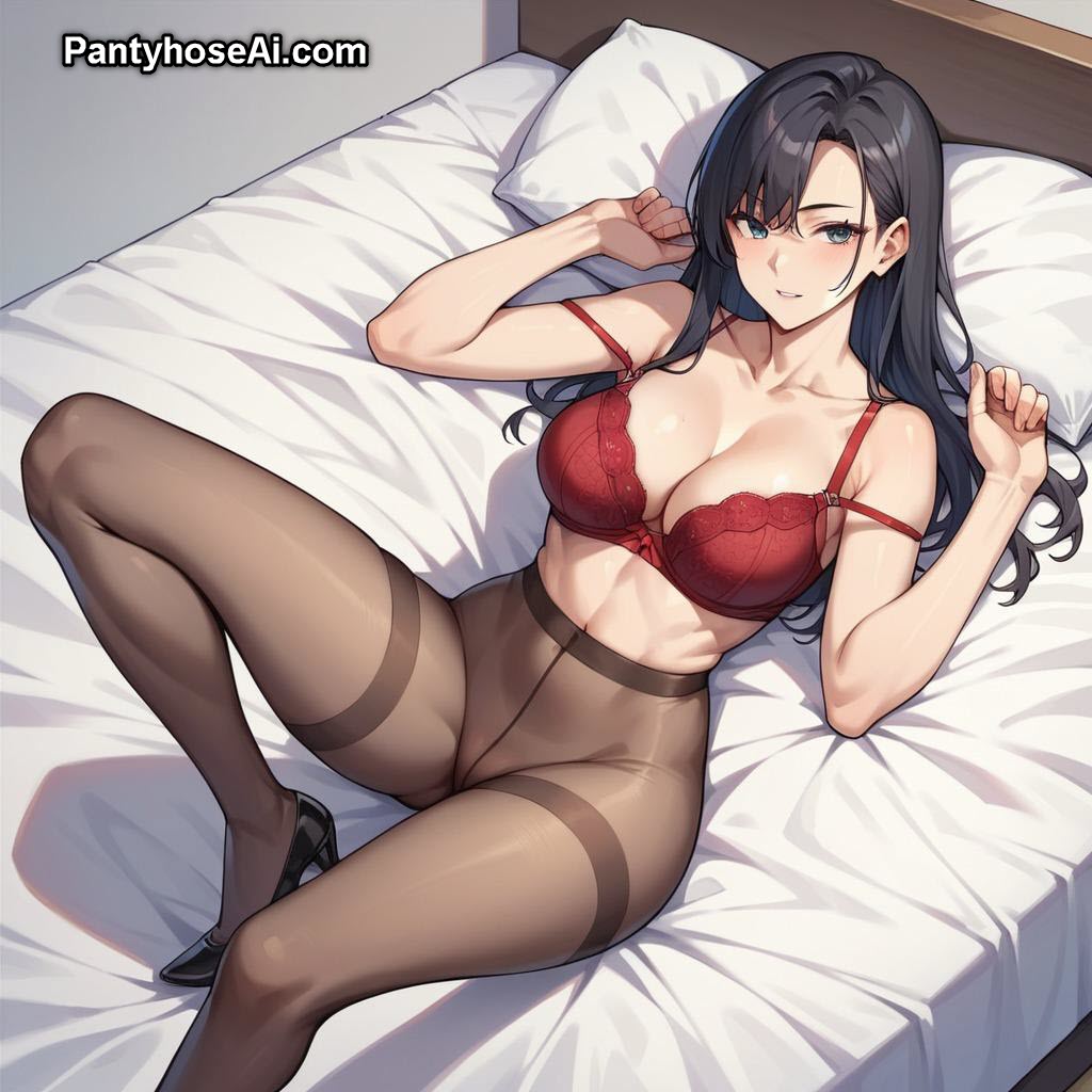 AI Anime Girl in Red Lingerie and Black Pantyhose