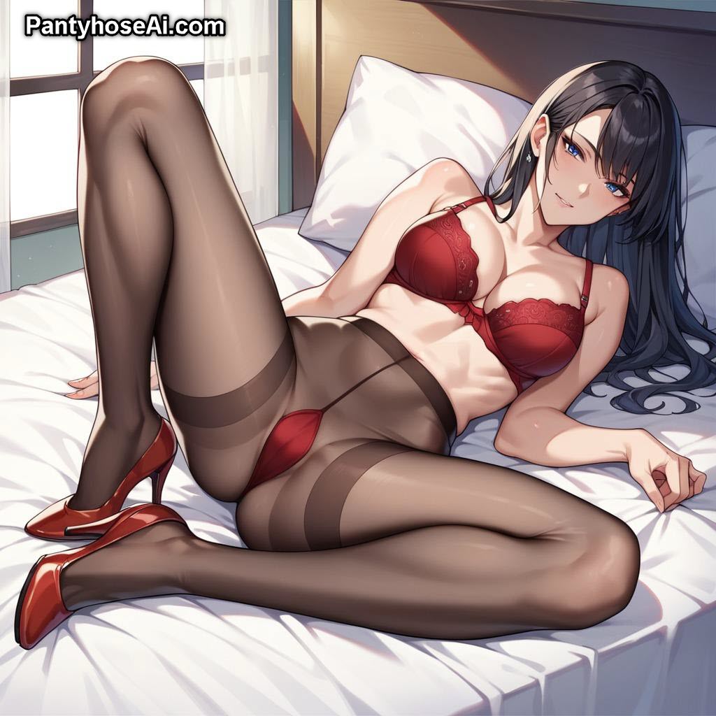 AI Anime Girl in Red Lingerie and Black Pantyhose