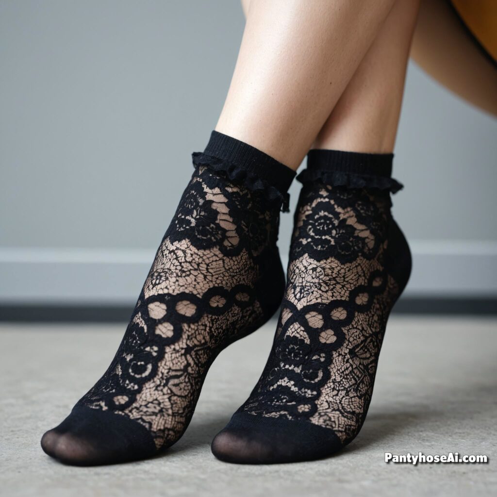 Sheer Black Nylon and Lace Socks
